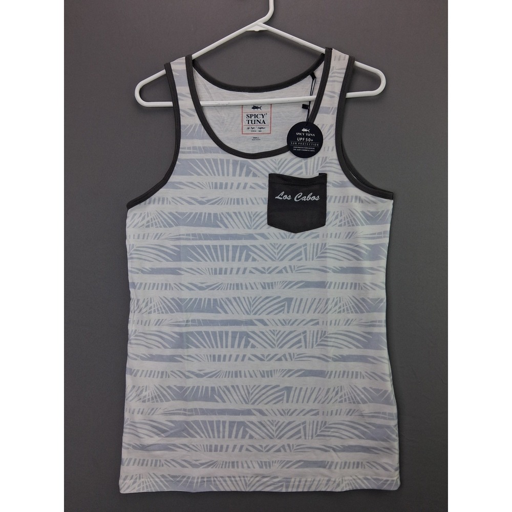 Spicy Tuna Tank Top Palm Print UPF 50+ Small White Gray Los Cabos Pocket Beach